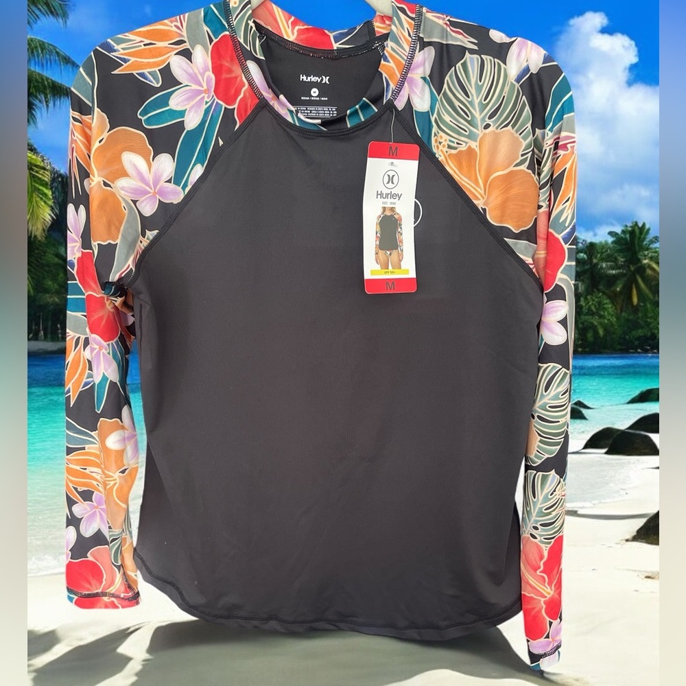 HURLEY Women’s Black Colorful Tropical Floral Surf Rash Guard. UPF 50+, NWT
